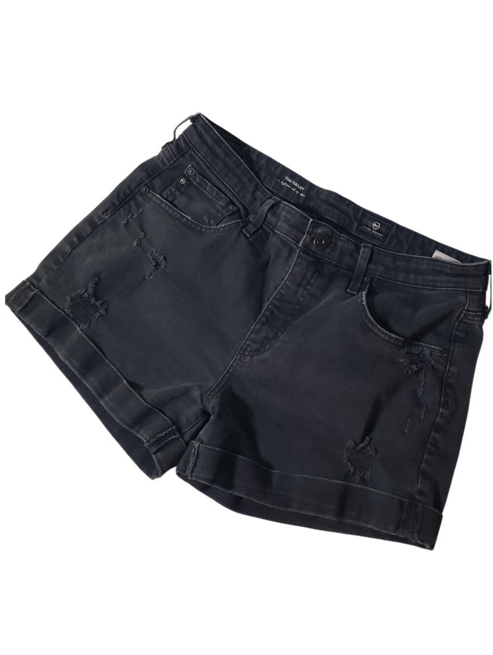 AG Jeans The Hailey Boyfriend Roll Up Shorts Distressed Black 30R Mid Rise Fall